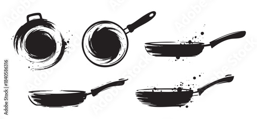 Frying pans and woks are depicted in a collection of stylized black brushstroke illustrations, perfect for culinary and restaurant designs.