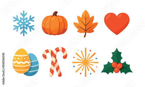 Holiday icons collection, pumpkin, leaf, candy cane, flat vector illustration