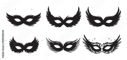 Black feathered masquerade masks collection showcasing a variety of elegant and mysterious designs, perfect for carnival, parties, and festive celebrations.