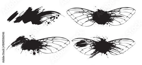 Ink splatters, brush strokes, and insect wing outlines are combined in a dynamic, artistic, and grunge-inspired graphic vector illustration.