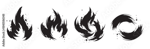 Abstract brushstroke flame icons with dynamic ink splatters and varying shapes offer a versatile graphic design element for energy and passion.