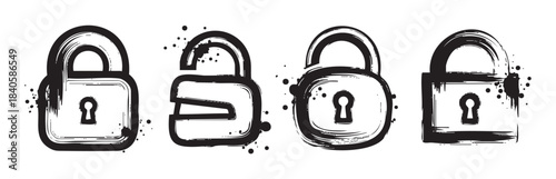 Four grunge style padlocks representing security and access control concepts, with both locked and unlocked variations depicted in a distressed, artistic brushstroke design.