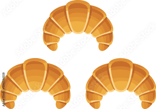 Croissant illustration, three pastries, baked goods, French bakery food, golden bread rolls, breakfast pastry icons, simple cartoon style vector