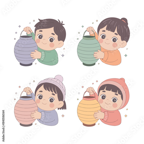 Children with Lanterns: Charming depictions of children, each holding a colorful lantern, embody innocence and joy, perhaps related to cultural celebrations or events. These are illustrations