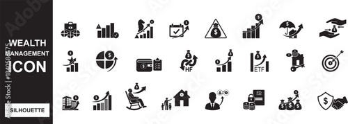 Wealth Management Silhouette Icon Set – Financial Growth, Investment, Banking, Portfolio, ETF, Hedge Fund, Retirement Icons