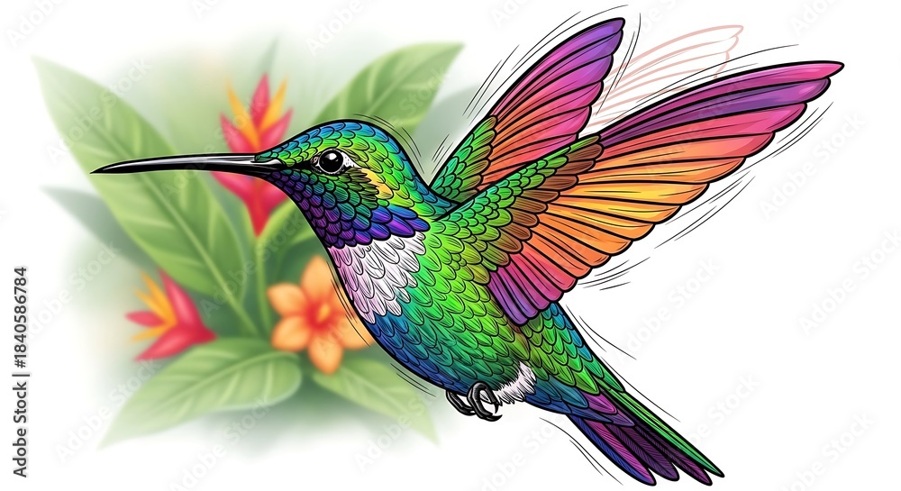 Naklejka premium stunning, intricate, vibrant hummingbird, photorealistic, detailed feathers, vibrant colors, flowing motion, nature, tropical flowers, hyperrealistic, ethereal, 4k