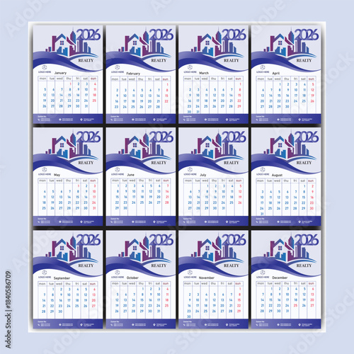 2016 City Skyline Calendar Pages Grid Design For Real Estate And Office Use