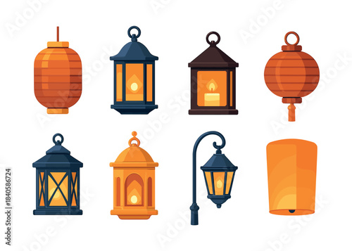 Lantern collection, flat vector illustration with candles and lamps