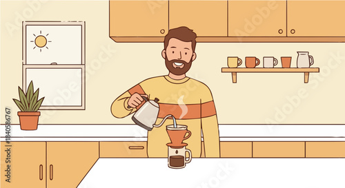 A man with a beard making pour-over coffee in a bright kitchen with a window showing the sun.