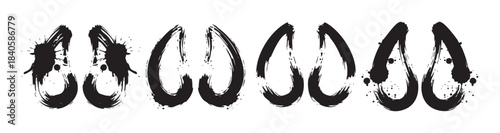 Abstract black ink brushstroke elements create a dynamic and expressive artistic design with textured splatters and organic shapes.