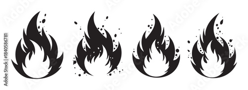 Four stylized black fire icons with varying ash and spark details representing heat, danger, energy, and passion in a graphic design.