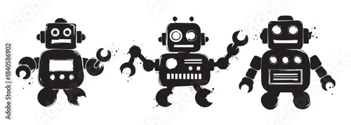 Three retro cartoon robots with a distressed grunge texture stand side by side, showcasing a playful and vintage technological aesthetic.