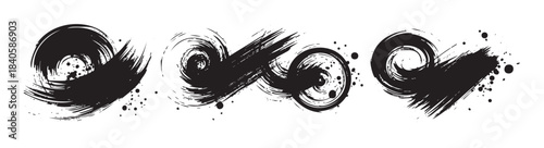 Black ink brush strokes create dynamic artistic swirls with expressive splatters and textured grunge elements, adding a bold and modern touch.