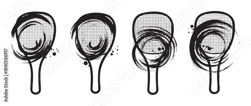 Four artistic ping pong paddles with expressive grunge brushstroke textures and halftone dot patterns creating a dynamic sports illustration.