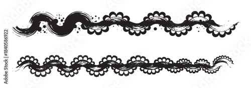 Two artistic hand-drawn decorative wavy line elements featuring grunge brush strokes and intricate floral-like patterns, perfect for design accents.