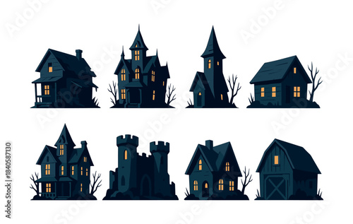 Haunted houses collection, spooky buildings and castles, flat vector illustration