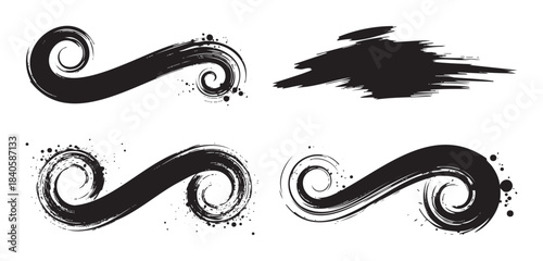 Black grunge brush strokes and swirls create a dynamic and expressive collection of artistic design elements with textured details.