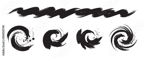 Black ink brush strokes and swirl designs form a dynamic collection of artistic elements, perfect for adding a grunge or expressive touch to creative projects and graphic design.
