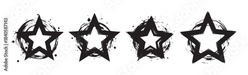 Grunge stars collection featuring distressed brush stroke emblems with ink splatters and rough texture for graphic design elements.