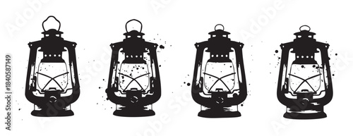Four vintage oil lamps silhouettes with a rustic, distressed, and grunge texture, evoking a sense of old-fashioned charm and historical adventure.