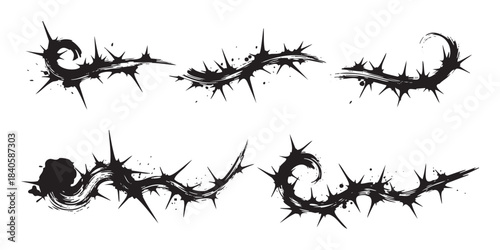 Thorny branches grunge ink vector illustration set featuring sharp spikes and a distressed texture, perfect for edgy graphic design projects.