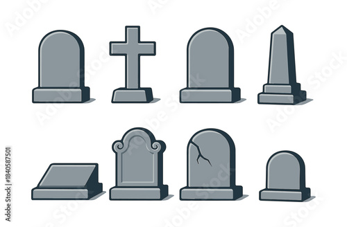 Gravestone collection, tombs, memorials, flat vector illustration