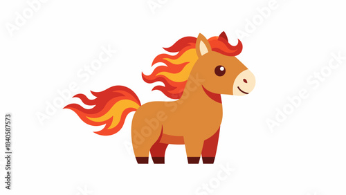 Cartoon Horse with Fiery Mane and Tail on White Background.