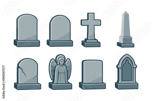 Gravestones and monuments collection, tombstones, headstones, flat vector illustration