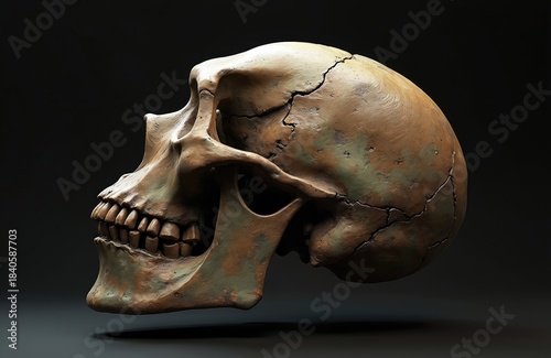 Fossilized human skull, Homo erectus, with cracked, weathered surface, ancient human remains, archaeological find, studio setting, dark background, isolated object, anthropology, paleontology,