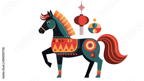 Festive Horse Illustration with Lanterns and Decorative Elements.