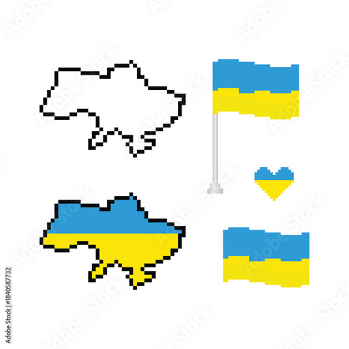 pixel art Ukrainian map and flag 8 bit vector icon for computer game logo	
