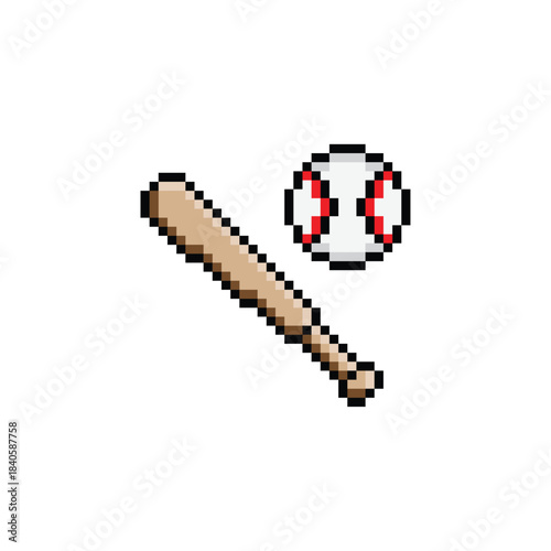 pixel art Baseball bat and   ball bit vector icon for computer game logo	