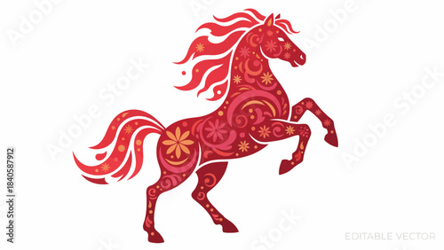 Ornate Red Horse Illustration with Intricate Floral Patterns.