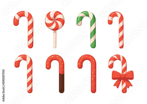 Candy cane collection, peppermint treats, festive season, flat vector illustration