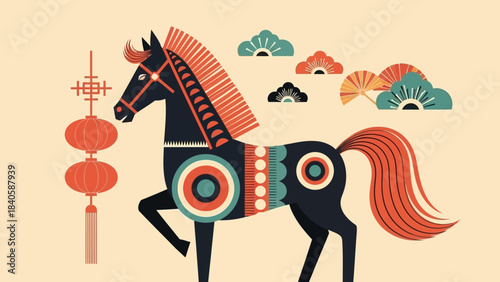 Stylized Horse Illustration with Traditional Asian Elements and Festive Decorations.