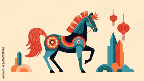 Stylized Horse Illustration with Chinese Lanterns and Geometric Shapes.