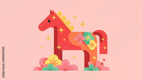 Stylized Red Horse Illustration with Floral Adornments and Sparkles.