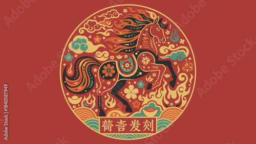 Ornate Horse Illustration for Chinese New Year Celebration.