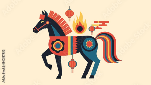 Stylized Horse Illustration with Chinese New Year Elements and Vibrant Colors.
