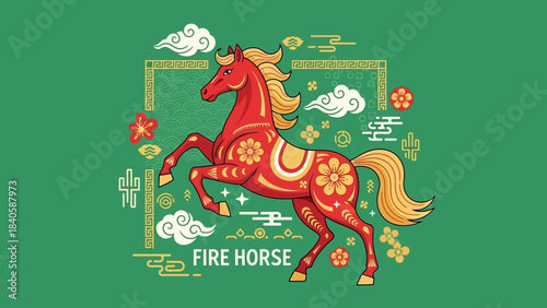 Vibrant Fire Horse Illustration with Intricate Floral and Cloud Designs.