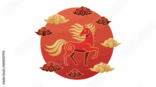 Stylized Red Horse with Clouds in Circular Design for Lunar New Year.