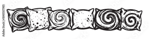 Stylized black and white decorative border elements feature a mix of spiral and speckled patterns, creating a unique hand-drawn design.