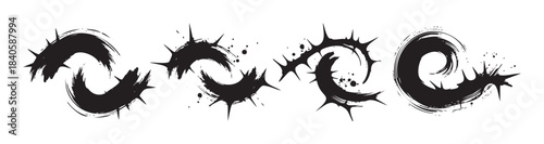 Thorny brushstroke elements with rough textures and sharp points create a powerful and symbolic grunge design aesthetic for various creative projects.