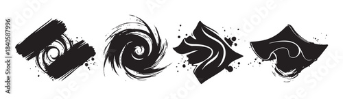 Abstract black ink brush strokes create a collection of dynamic, artistic, and expressive graphic design elements with textured details.