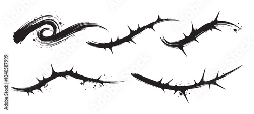 Black brushstroke thorns elements set with a distressed grunge texture and ink splatters, ideal for edgy design projects and artistic overlays.