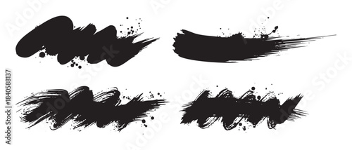 Four black ink brush strokes create a dynamic and artistic grunge texture collection, perfect for adding a raw, expressive touch to any design project.