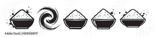Bowls of powder and brush stroke elements are presented in a monochrome, hand-drawn style, featuring artistic splatters and a dynamic swirl.
