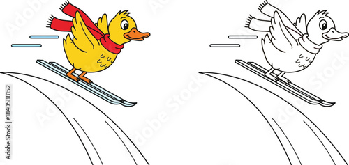 Cute Cartoon Duck Skiing with Red Scarf Fun Winter Animal Sports Illustration