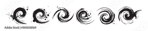 Black brushstroke spiral swirls create a dynamic and artistic abstract design with textured ink splatters, perfect for creative projects and graphic elements.