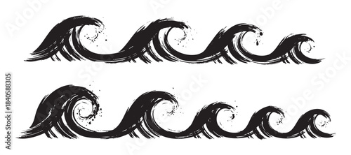 Stylized black brushstroke waves create a dynamic and artistic ocean pattern with a grunge texture, evoking the powerful movement of the sea in a traditional style.